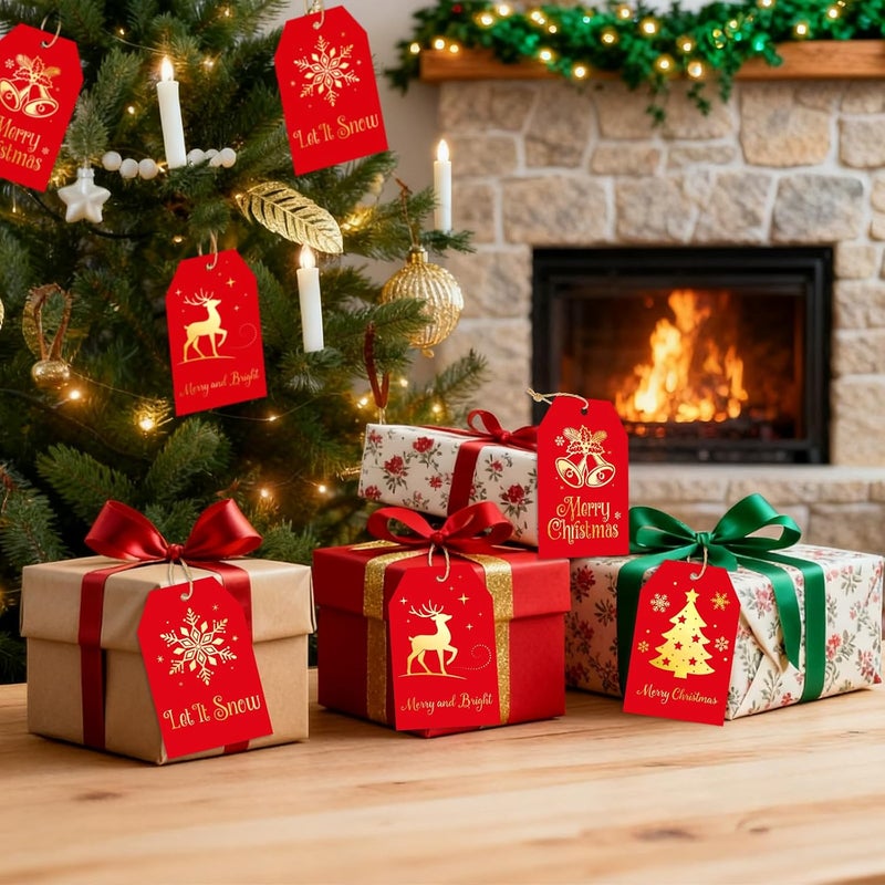 g2plus 60Pcs Christmas Gift Tags with String - Red and Gold Merry Christmas Paper Tags, 4 Designs Xmas Tag for Holiday Wrapping, DIY Crafts, Gift Exchange, Party Favors - Image 4